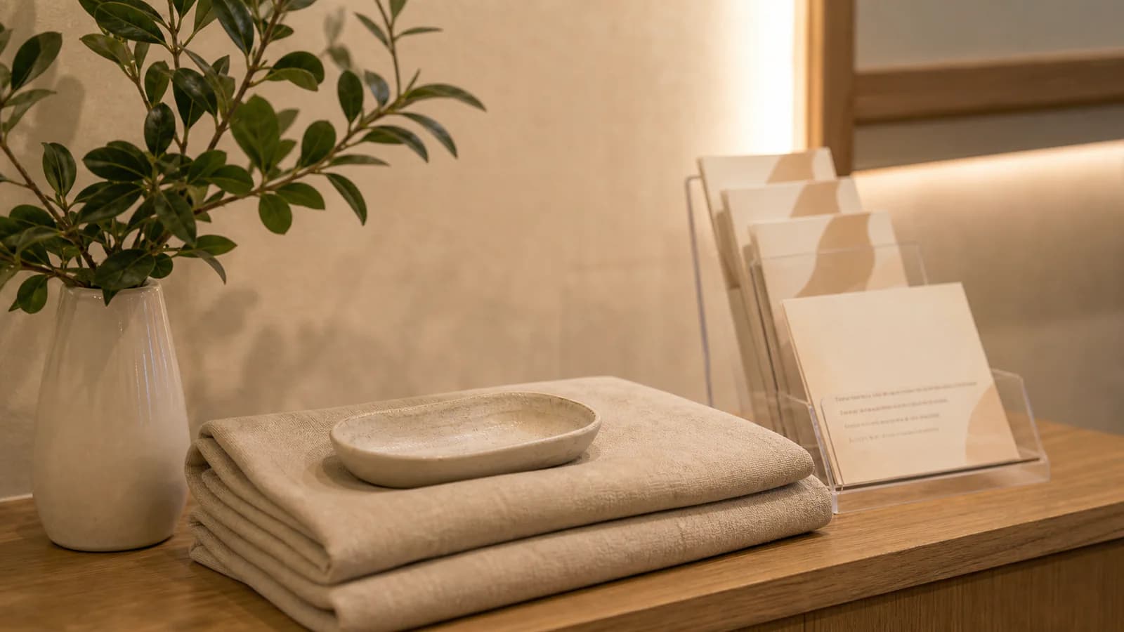 Folded clinic linen and plant detail in a warm consultation setting